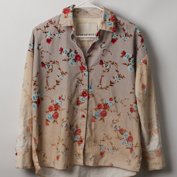 ODEEH Button up corduroy blouse with floral pattern and cute red buttons 34/XS - Picture 1 of 8